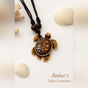 ✨ Title:Hand-Carved Turtle Pendant Necklace — Boho Beach Tribal Jewelry